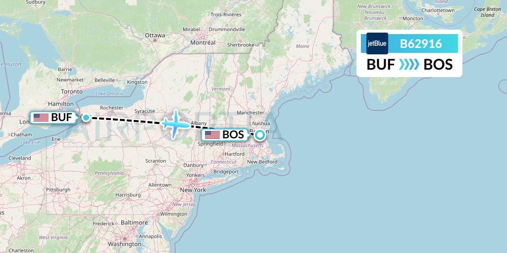 B62916 JetBlue Airways Flight Map: Buffalo to Boston