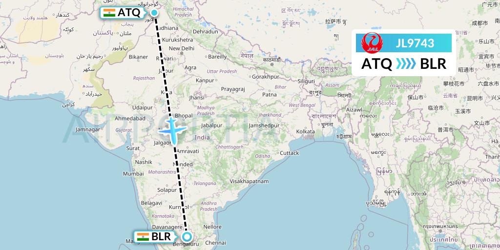 JL9743 Japan Airlines Flight Map: Amritsar to Bangalore