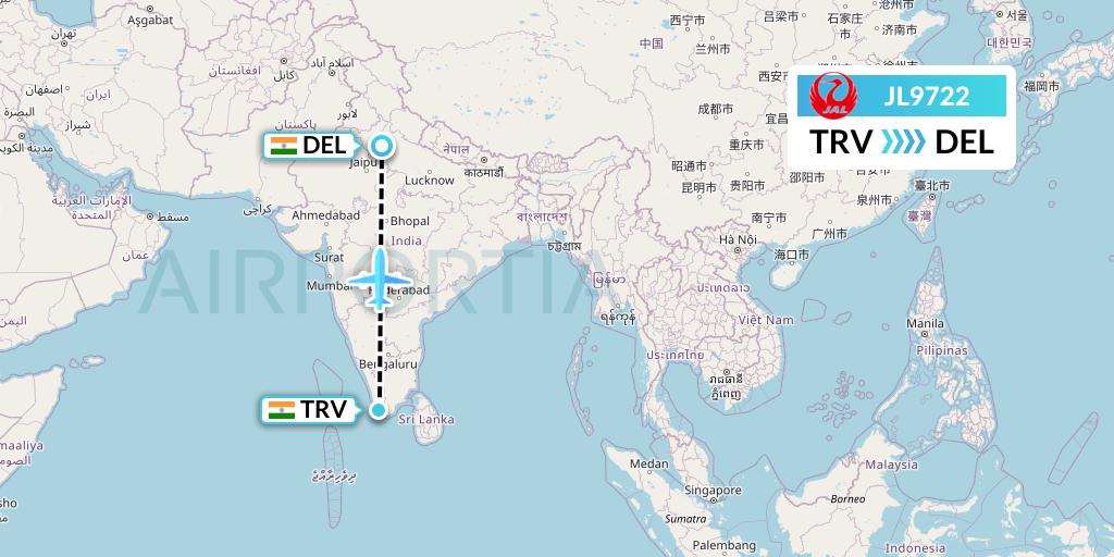 JL9722 Japan Airlines Flight Map: Thiruvananthapuram to Delhi