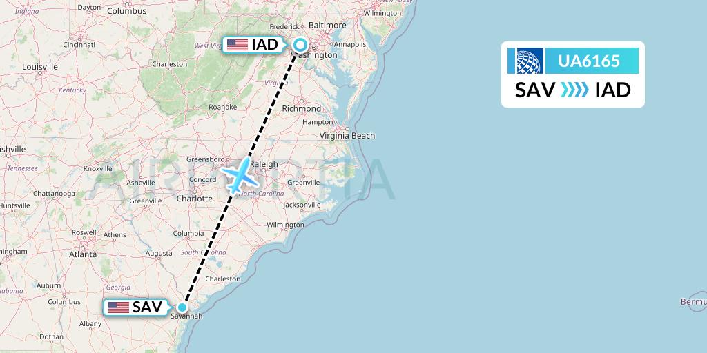 UA6165 United Airlines Flight Map: Savannah to Washington