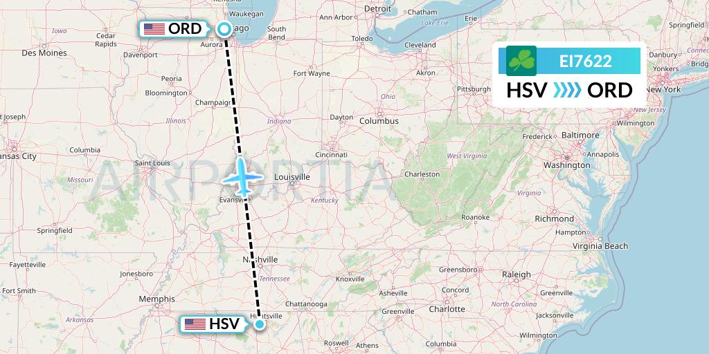 EI7622 Aer Lingus Flight Map: Huntsville to Chicago