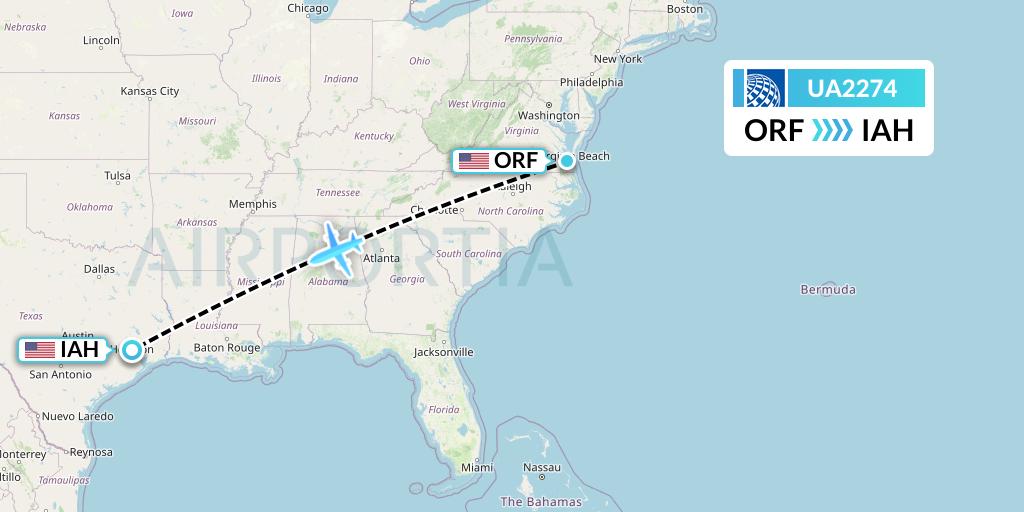 UA2274 United Airlines Flight Map: Norfolk to Houston