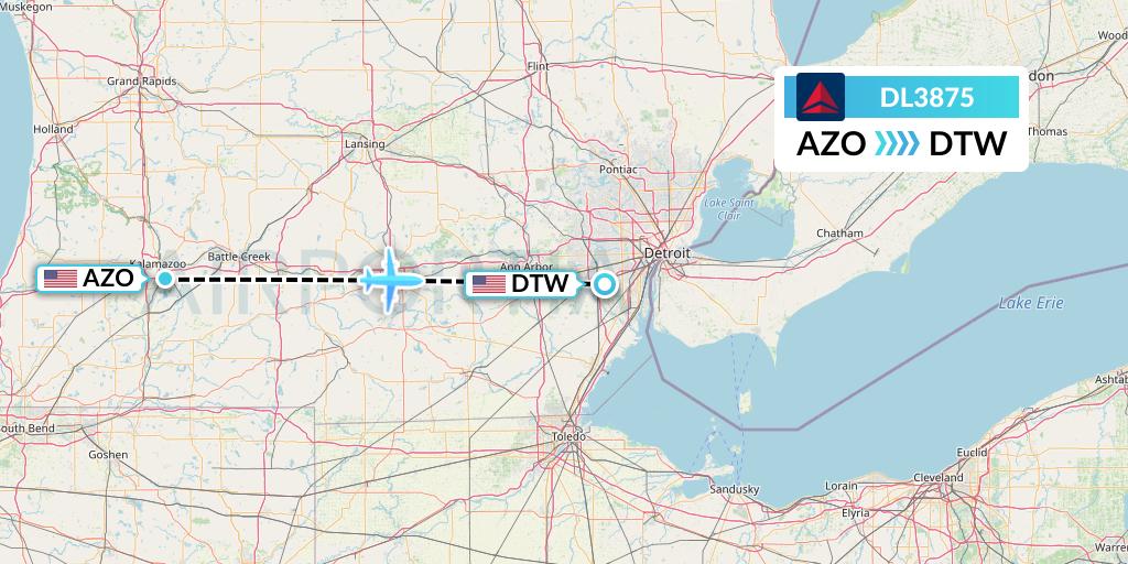 DL3875 Delta Air Lines Flight Map: Kalamazoo to Detroit