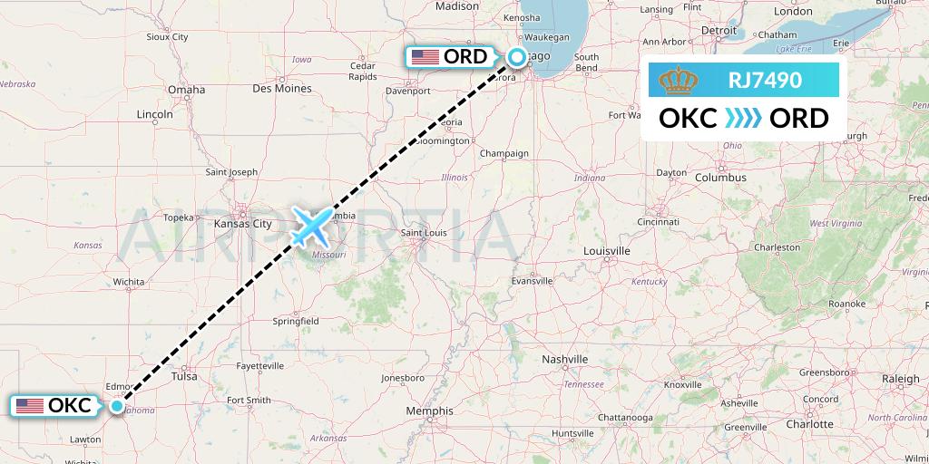RJ7490 Royal Jordanian Flight Map: Oklahoma City to Chicago