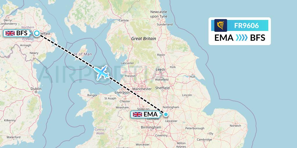 FR9606 Ryanair Flight Map: East Midlands to Belfast