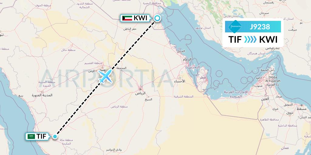 J9238 Jazeera Airways Flight Map: Taif to Kuwait City