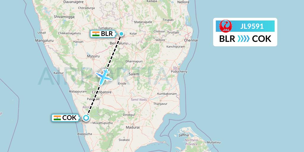 JL9591 Japan Airlines Flight Map: Bangalore to Cochin