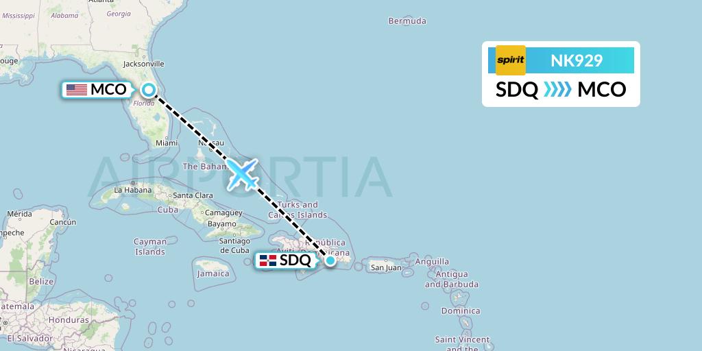 NK929 Spirit Airlines Flight Map: Santo Domingo to Orlando