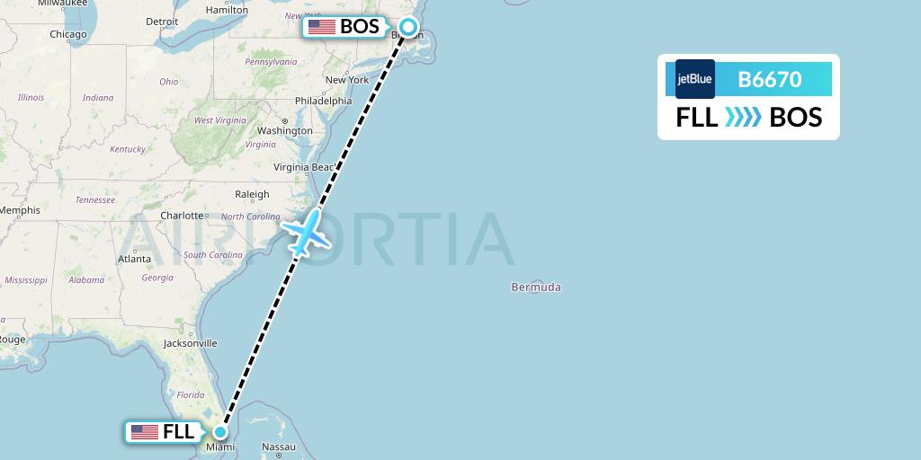 B6670 JetBlue Airways Flight Map: Fort Lauderdale to Boston
