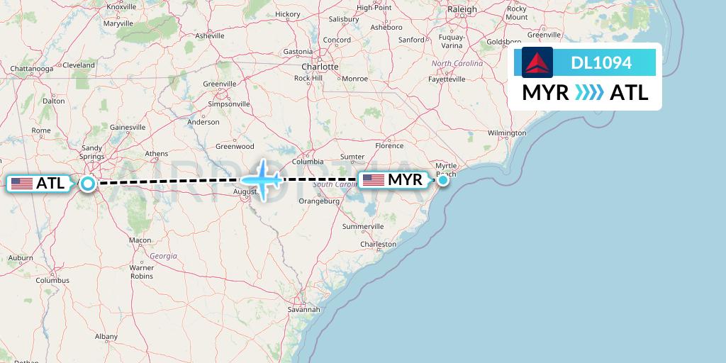DL1094 Delta Air Lines Flight Map: Myrtle Beach to Atlanta