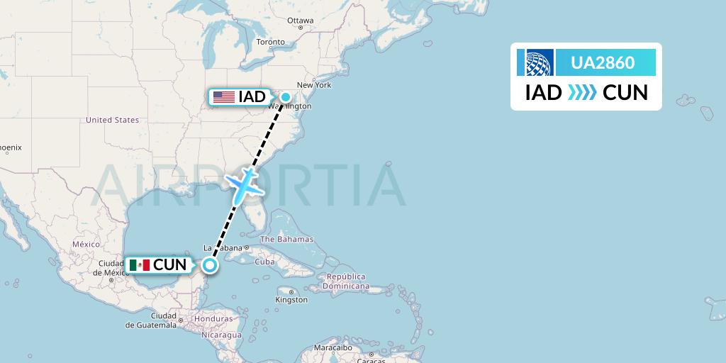 UA2860 United Airlines Flight Map: Washington to Cancun