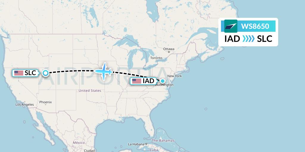 WS8650 WestJet Flight Map: Washington to Salt Lake City