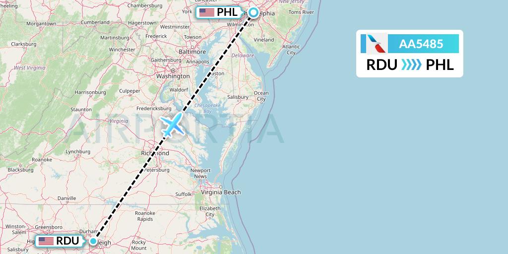 AA5485 American Airlines Flight Map: Raleigh-Durham to Philadelphia