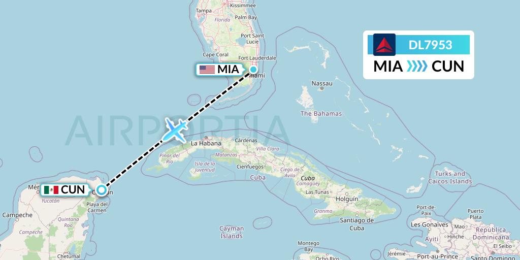 DL7953 Delta Air Lines Flight Map: Miami to Cancun