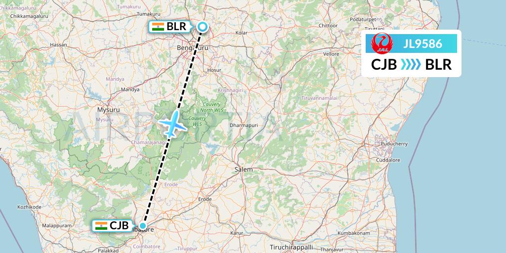 JL9586 Japan Airlines Flight Map: Coimbatore to Bangalore