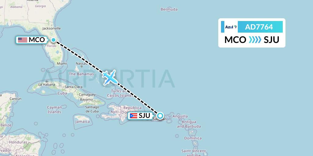 AD7764 Azul Brazilian Airlines Flight Map: Orlando to San Juan