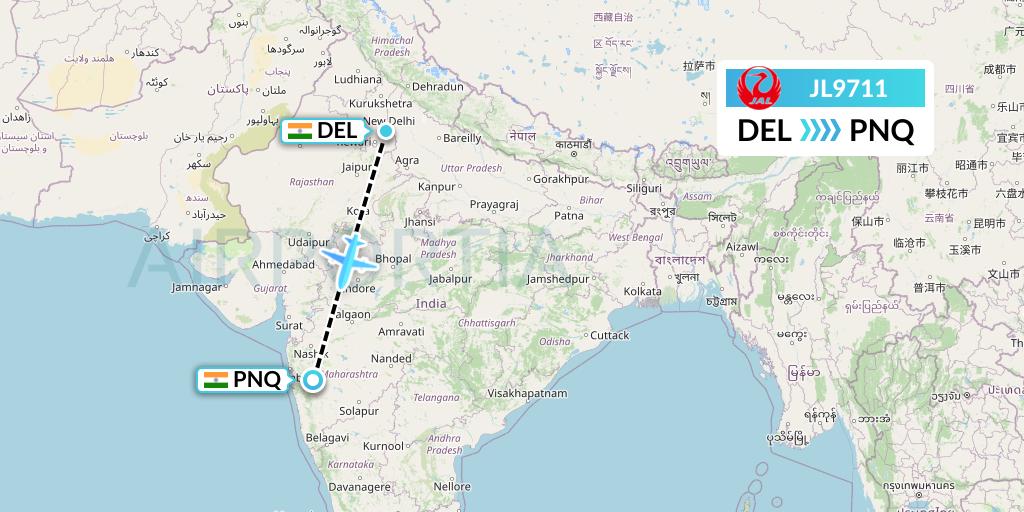 JL9711 Japan Airlines Flight Map: Delhi to Pune