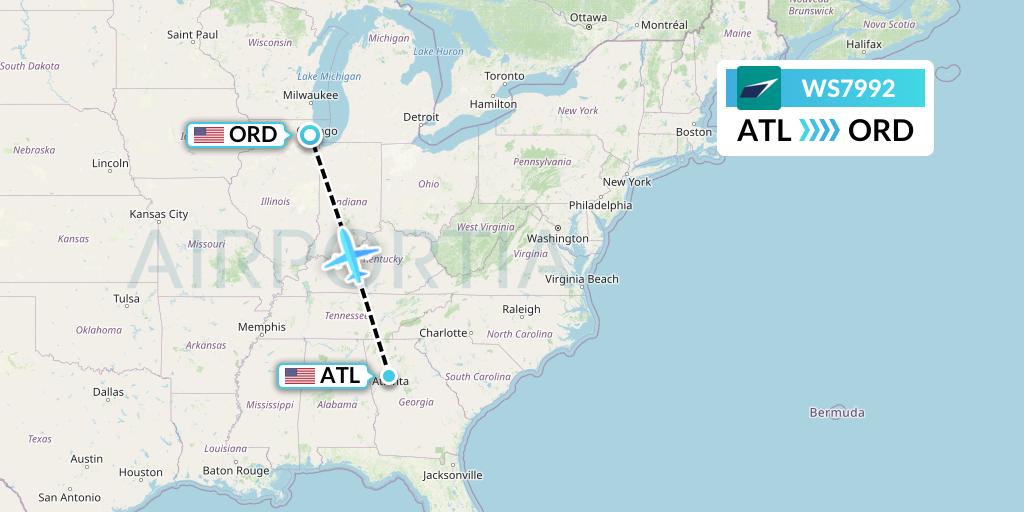 WS7992 WestJet Flight Map: Atlanta to Chicago