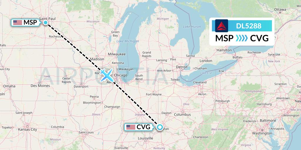 DL5288 Delta Air Lines Flight Map: Minneapolis to Cincinnati