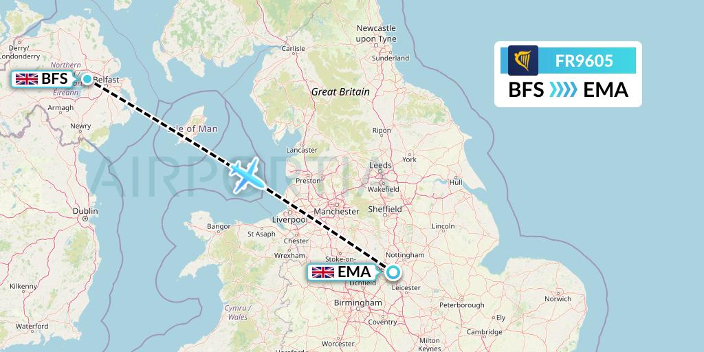 FR9605 Ryanair Flight Map: Belfast to East Midlands