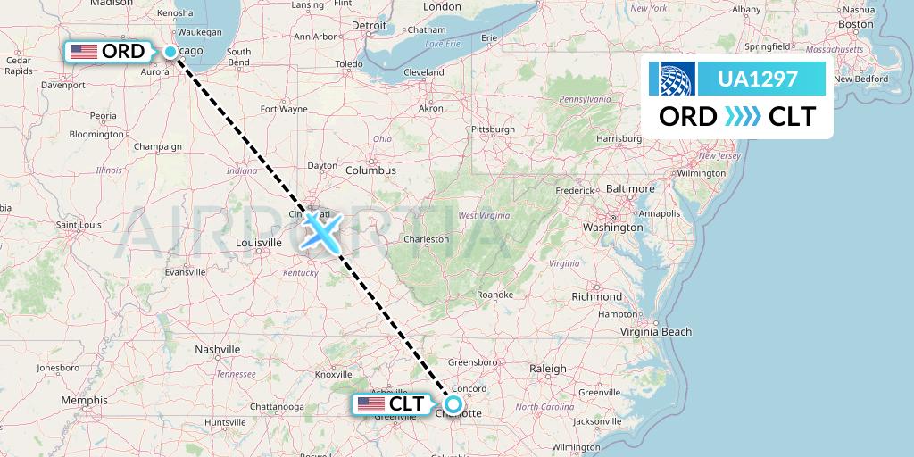 UA1297 United Airlines Flight Map: Chicago to Charlotte