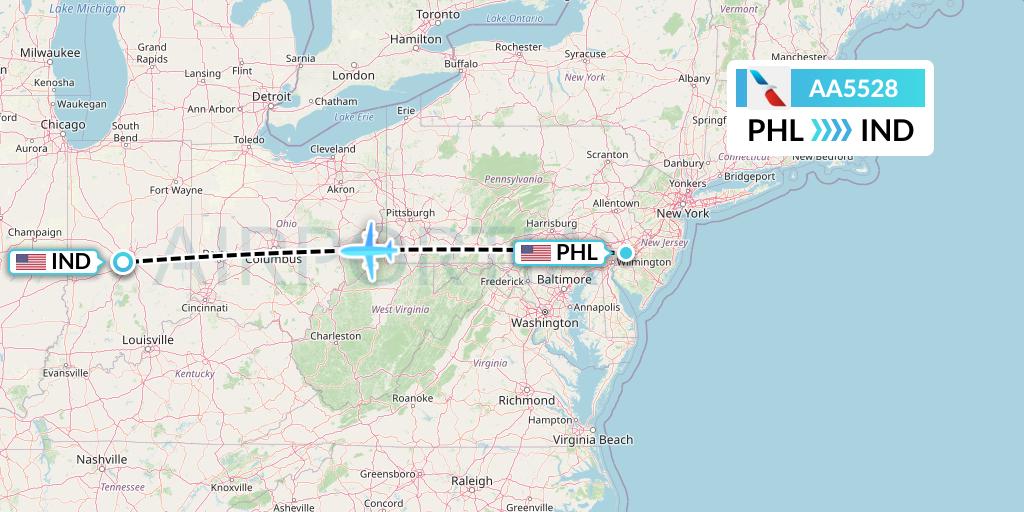 AA5528 American Airlines Flight Map: Philadelphia to Indianapolis