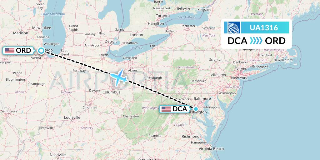 UA1316 United Airlines Flight Map: Washington to Chicago