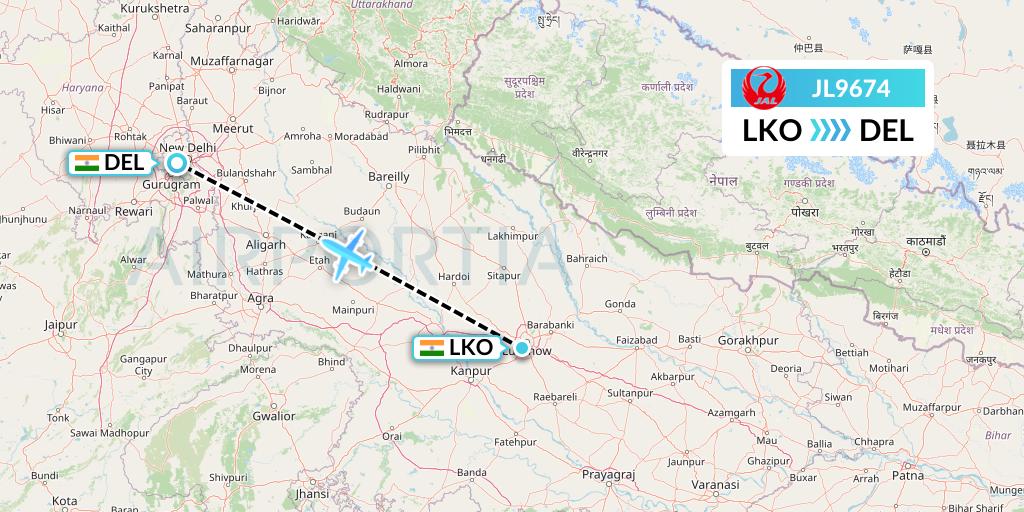 JL9674 Japan Airlines Flight Map: Lucknow to Delhi