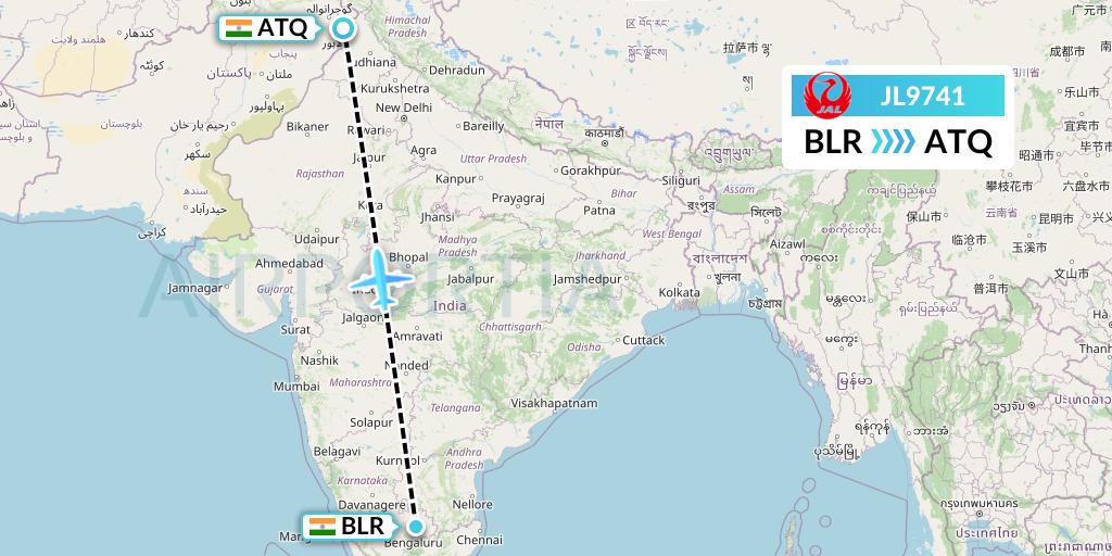 JL9741 Japan Airlines Flight Map: Bangalore to Amritsar