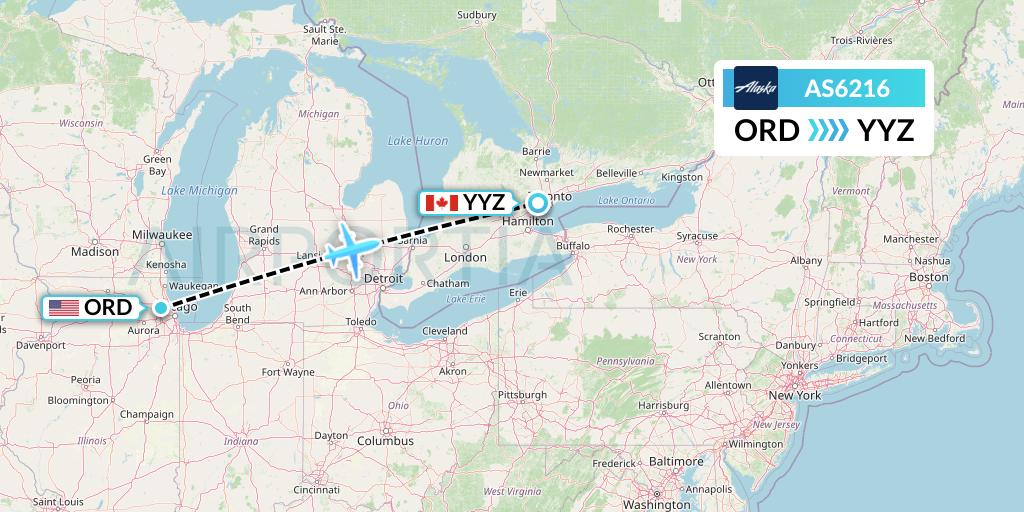 AS6216 Alaska Airlines Flight Map: Chicago to Toronto