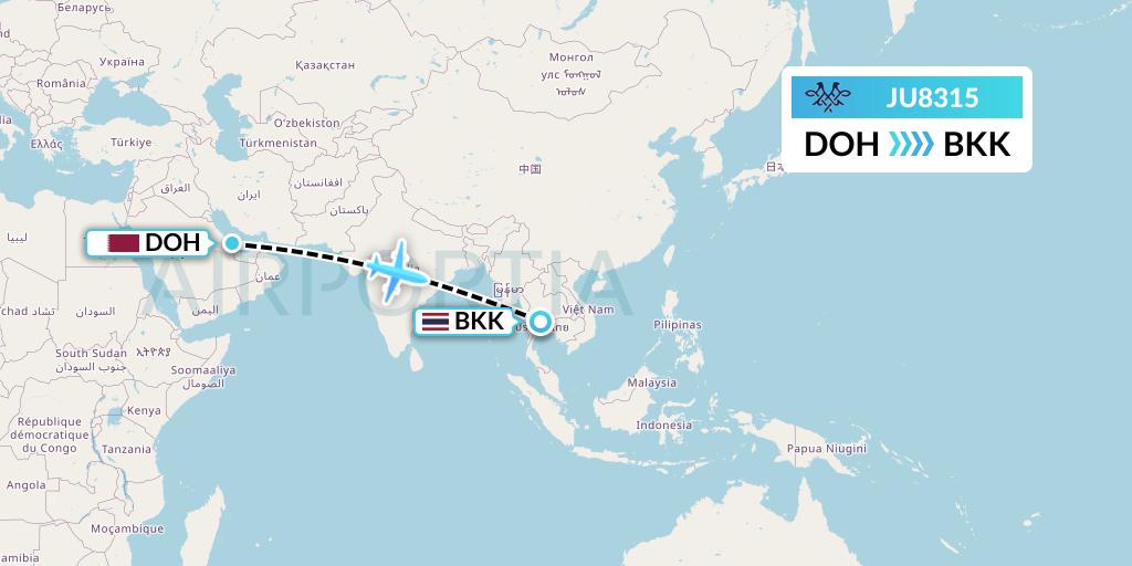 JU8315 AirSERBIA Flight Map: Doha to Bangkok