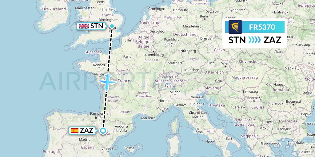 FR5370 Ryanair Flight Map: London to Zaragoza