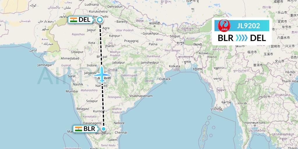 JL9202 Japan Airlines Flight Map: Bangalore to Delhi