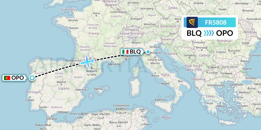 FR5808 Ryanair Flight Map: Bologna to Porto