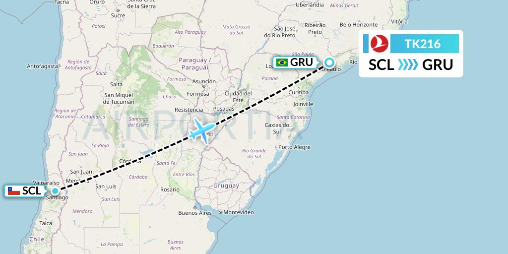 TK216 Turkish Airlines Flight Map: Santiago to Sao Paulo