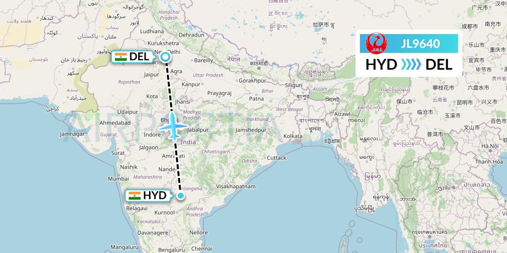 JL9640 Japan Airlines Flight Map: Hyderabad to Delhi