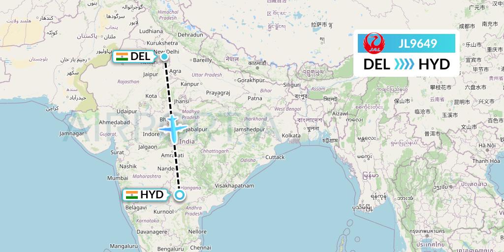 JL9649 Japan Airlines Flight Map: Delhi to Hyderabad