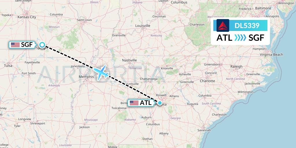 DL5339 Delta Air Lines Flight Map: Atlanta to Springfield