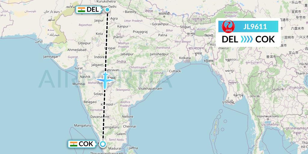 JL9611 Japan Airlines Flight Map: Delhi to Cochin