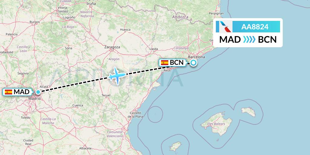 AA8824 American Airlines Flight Map: Madrid to Barcelona