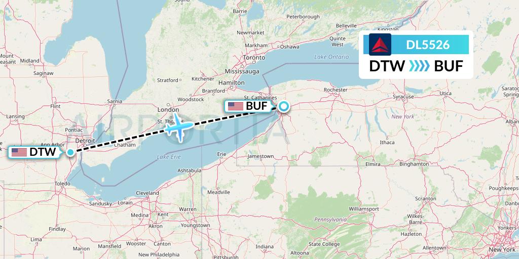 DL5526 Delta Air Lines Flight Map: Detroit to Buffalo