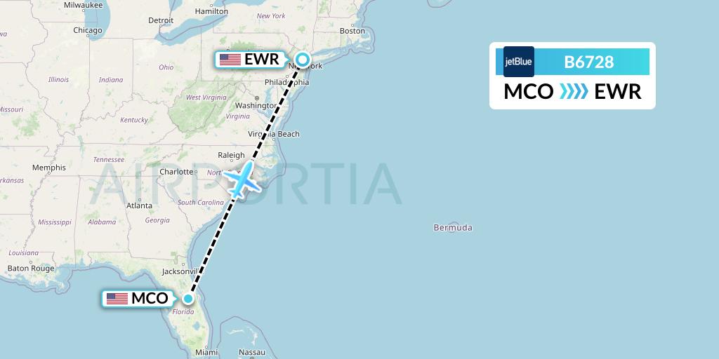 B6728 JetBlue Airways Flight Map: Orlando to New York