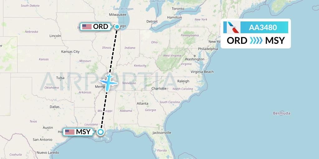 AA3480 American Airlines Flight Map: Chicago to New Orleans