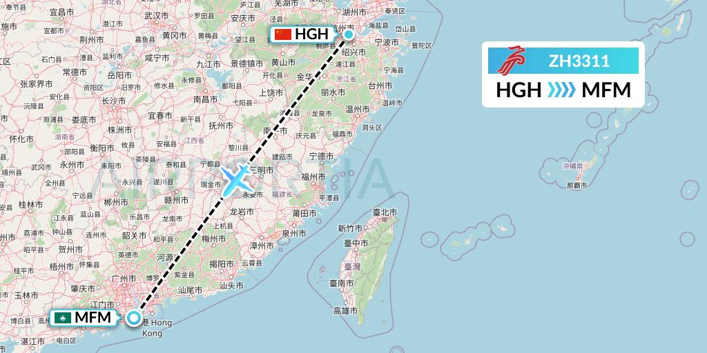 ZH3311 Shenzhen Airlines Flight Map: Hangzhou to Macau