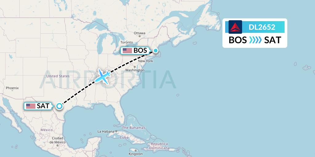 DL2652 Delta Air Lines Flight Map: Boston to San Antonio