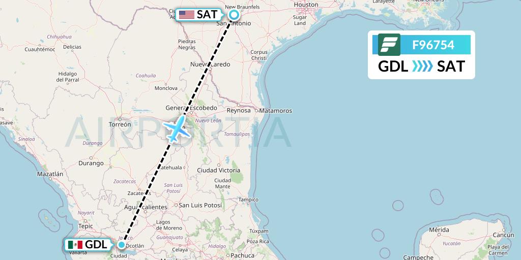 F96754 Frontier Airlines Flight Map: Guadalajara to San Antonio