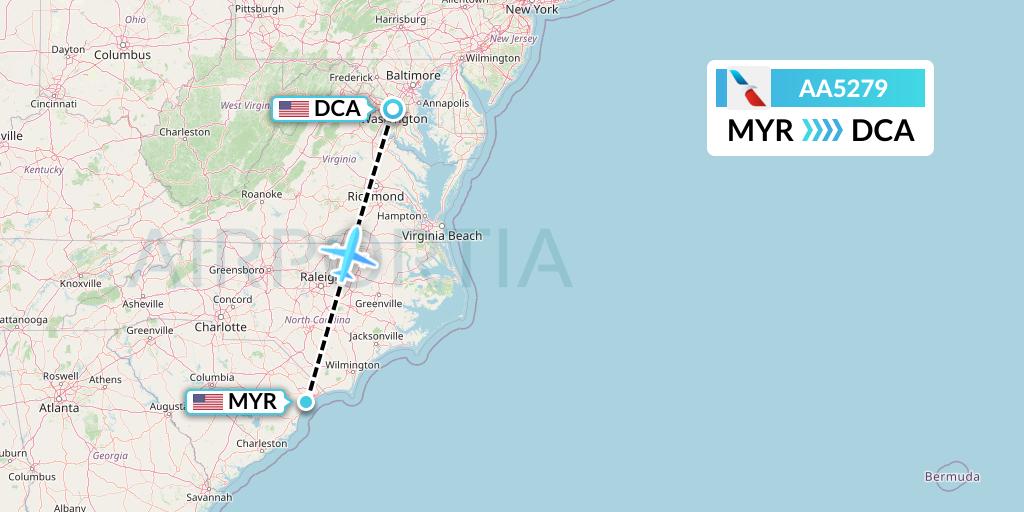 AA5279 American Airlines Flight Map: Myrtle Beach to Washington