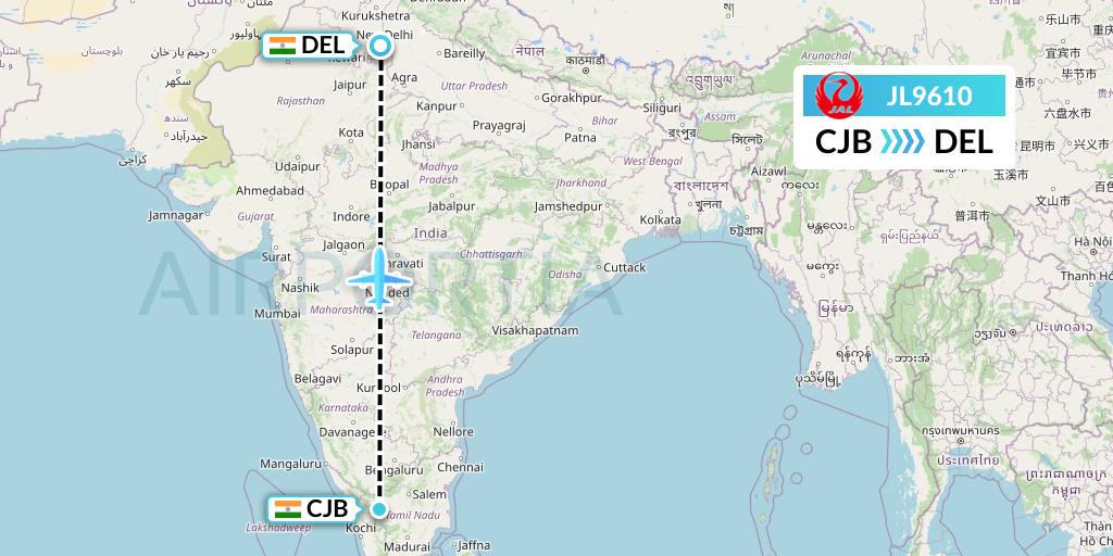 JL9610 Japan Airlines Flight Map: Coimbatore to Delhi