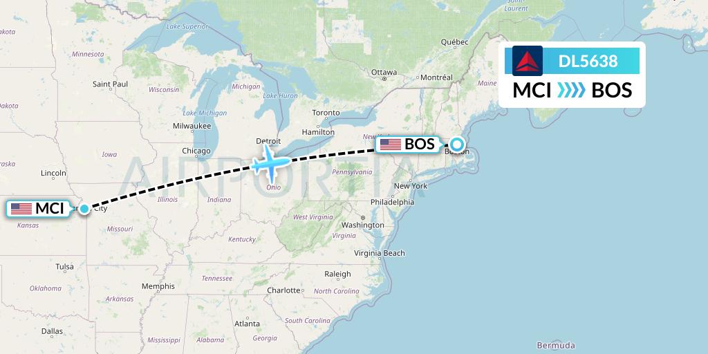 DL5638 Delta Air Lines Flight Map: Kansas City to Boston