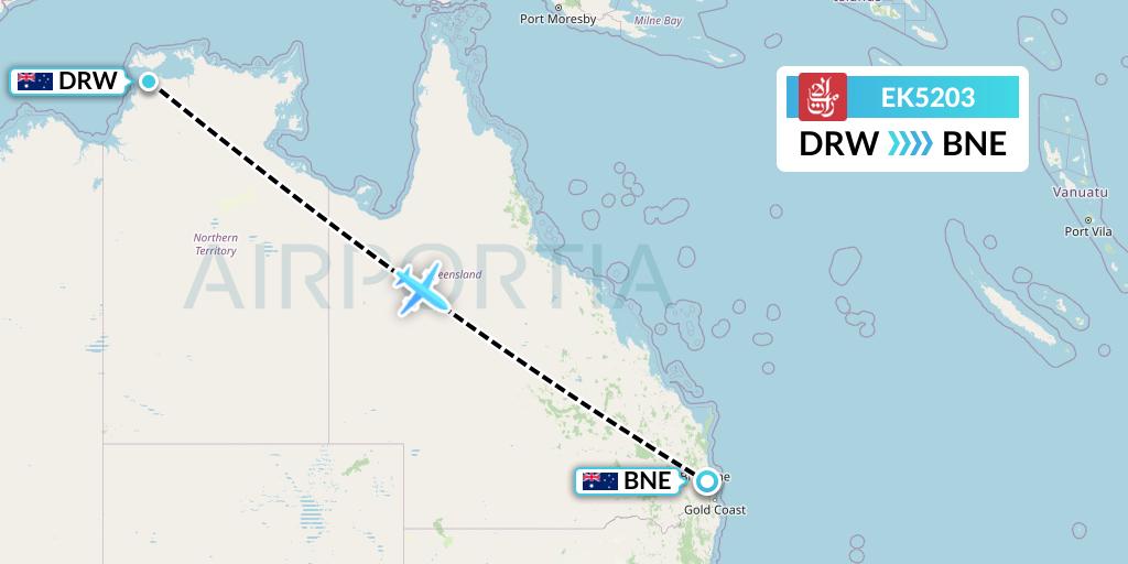EK5203 Emirates Flight Map: Darwin to Brisbane